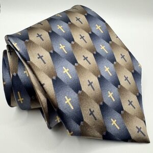 Eagles Wings Mens Silk Tie Blue Tan Geometric Christian Cross Religious Formal